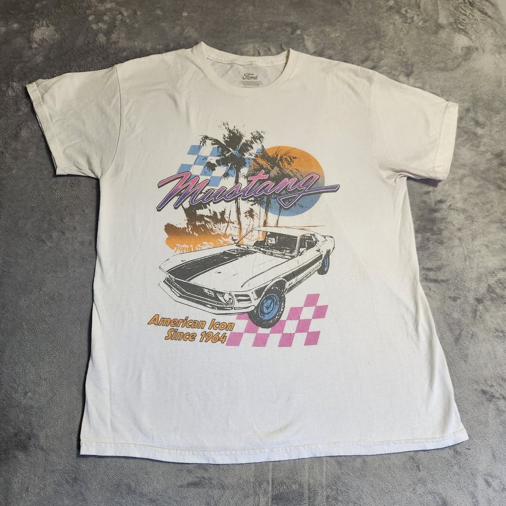 Official Ford Mustang Graphic T-Shirt Mens Medium White Retro Beach Classic Car